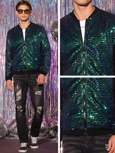 Image of Lars Amadeus Green Sequin Jacket for Men's Zipper Long Sleeves Party Disco Shiny Bomber Jacket Large Green