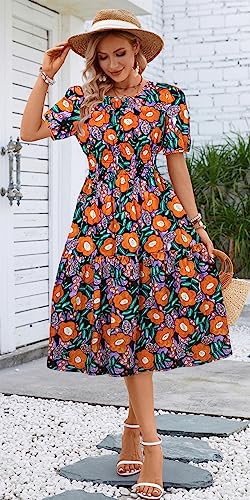 Image of Kormei Women Summer Casual Boho Floral Round Neck Short Sleeve Smocked Waist Tiered Flowy Swing Midi Dress
