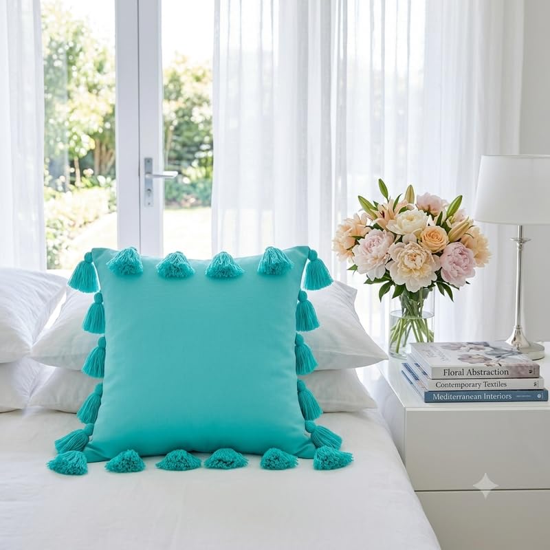 Image of WWW.THROWPILLOW.IN Caribbean Blue Green Big FullerTassels Trim Throw Pillow Cover, Solid Decorative Coastal Chic Accent Pillow for Sofa, Bed, Dorm Room Decor Square Sofa Cushion 12x12 Inches