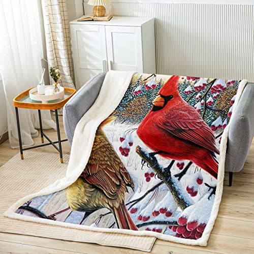 Erosebridal Cardinal Bird Throw Blanket Red Bird Cardinal Blanket 60"X80" For Adult Women Girls Red Birds Snowflakes Fleece Blanket, Winter Landscape Cardinals Sherpa Blanket #TOP23