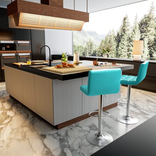 Image of Homall Bar Stools Modern PU Leather Adjustable Swivel Barstools, Armless Hydraulic Kitchen Counter Bar Stool Extra Height Square Island Barstool with Back Set of 2 (Leather, Blue)