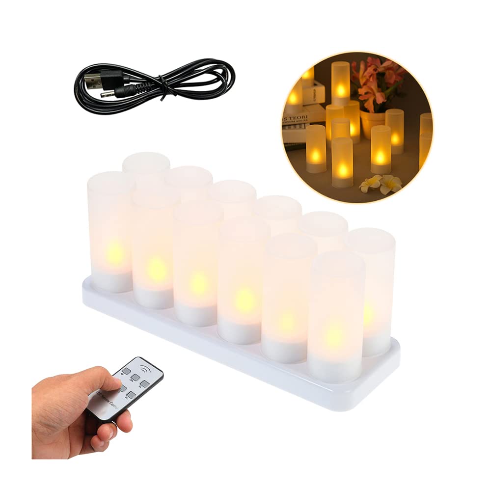Kavolet Podgrzewacze LED z pilotem zdalnego sterowania, 12 sztuk, elektryczne migoczące świeczki LED, bezpłomieniowe świeczki typu tealight z matowym kubkiem, stacja ładująca na święta Bożego Narodzenia, festiwale, wesele, USB 5 V