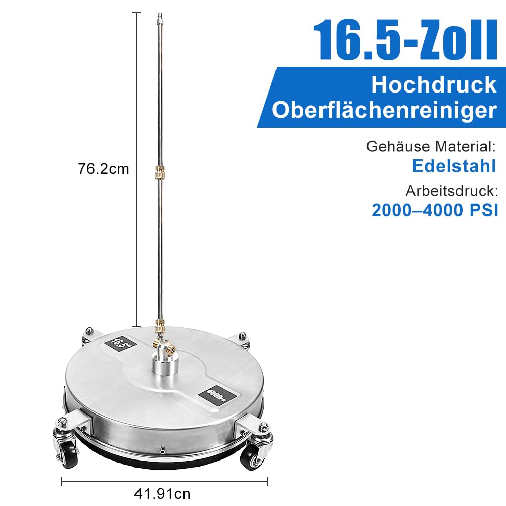 Limpiador de Suelo Exterior con 4 Ruedas, Máquina Limpiadora de Superficies de Acero Inoxidable, Industrial con 2 Varillas de Extensión para Hidrolimpiadora, para Terraza
