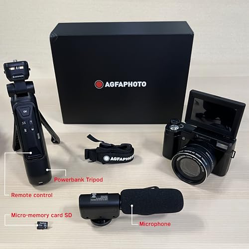 AgfaPhoto - Kit de Vlogging Todo en Uno: Cámara VLG-4K Optical, Trípode Powerbank, Mando a Distancia, Micrófono y Tarjeta MicroSD de 32GB incluidos - ¡Captura Tus Momentos en 4K con Estilo! - Negro - imagen 9
