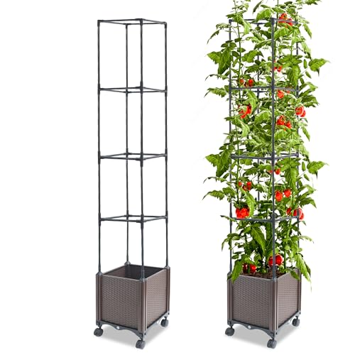 Quibbay Raised Garden Bed Planter Box with Trellis, 62.2' Self-Watering Tomato Planters for Climbing Plants Vine Flowers Outdoor Patio, Tomatoes Cage with Trellis Wheels for Outdoor, 1Pack