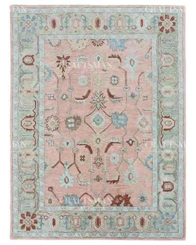 Premium Oriental Area Rug – Traditional Oushak Floral Carpet, Muted Pink & Green Border, Handcrafted Home Décor