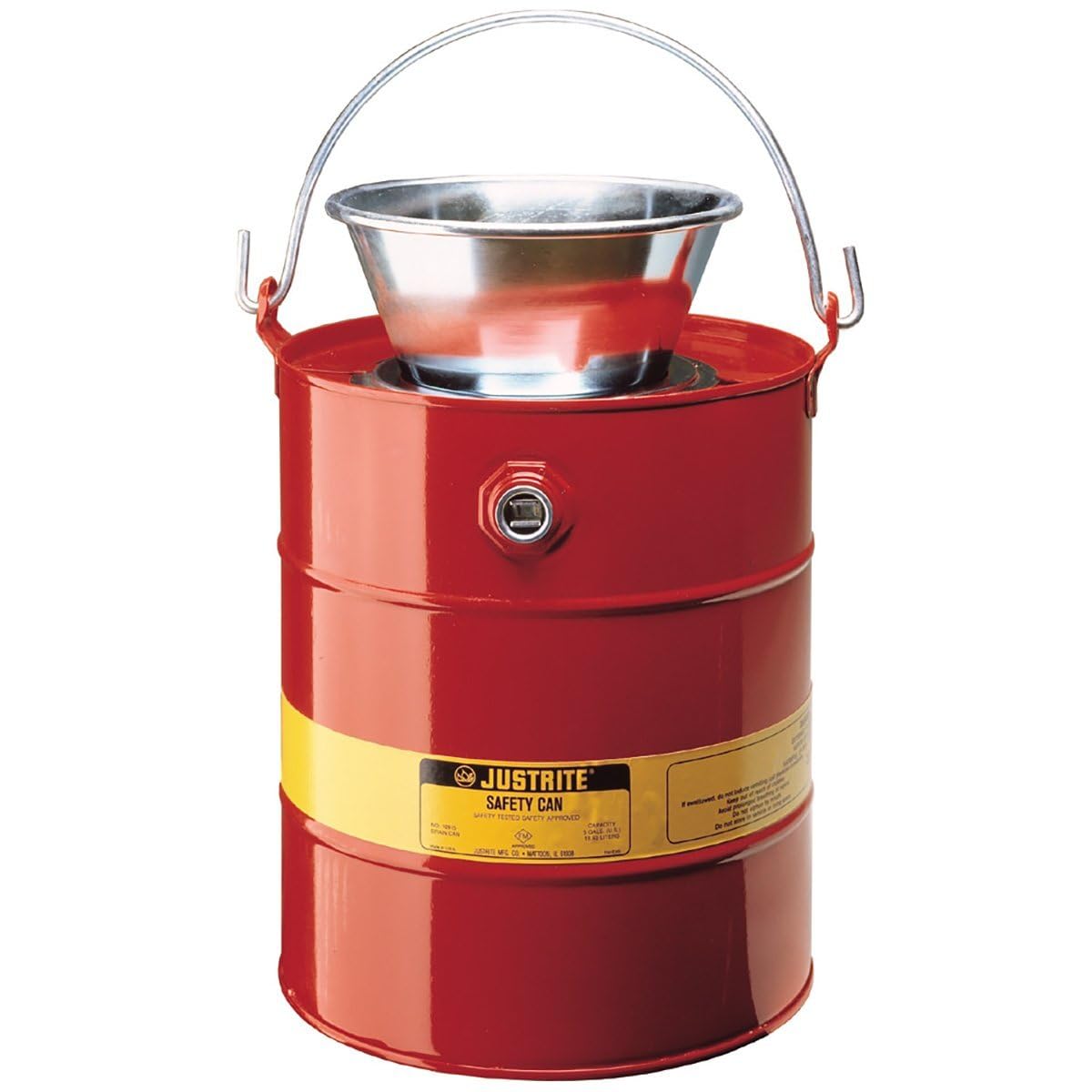 Justrite 10905 Steel Drain Can with Plated Steel Funnel, 19L Capacity