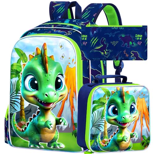 Image of 3Pcs Dinosaur Backpack for Boys, 16 inch Bookbag with Lunch Box, Kids School Backpacks Set for Elementary Preschool Kindergarten (Green)
