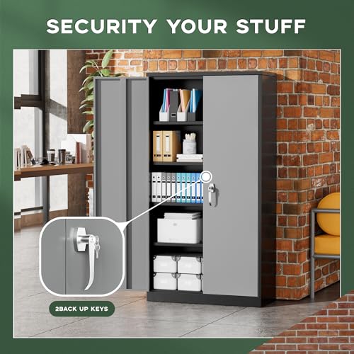 Image of Greenvelly Metal Storage Cabinet, 72 inch Locking Metal Garage Storage Cabinet with Doors and 4 Adjustable Shelves, Lockable Steel Cabinet for Home Office, Garage, Shop, School (Black Grey 36 inch W x 18 inch D)
