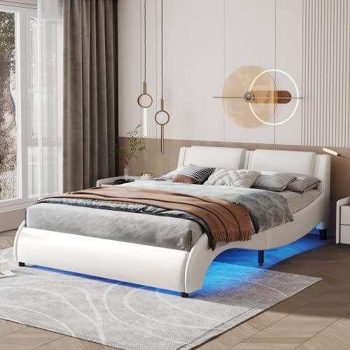 Miniatura 12 de Marco de cama matrimonial con luces LED, moderno marco de cama LED de bajo perfil con cabecero, marco de cama tapizado de piel sintética ondulada de