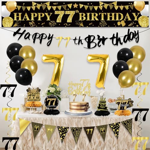 Image of 77th Birthday Decorations for Men, Black Gold 77th Party Decoration Kits