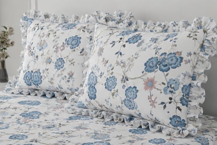 Image of Blue Strip Floral Fitted Bedsheet Set, White and Blue, 182 x 198 cm, with 2 Frill Pillow Covers, Double /Queen /King Bed