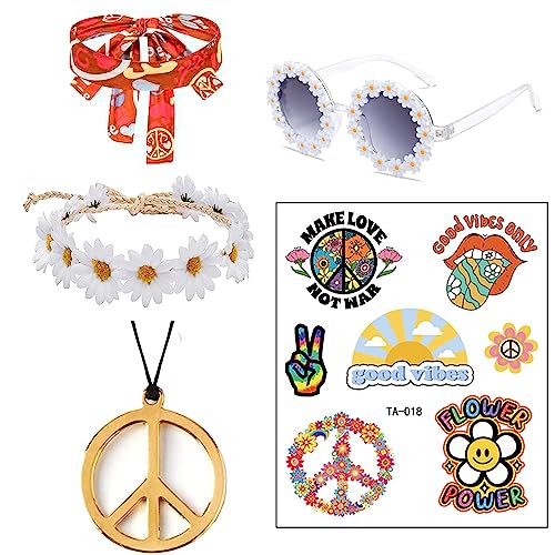 Ebytop Hippie Costume For Girls, 60S 70S Decades Accessories Pants Sunglasses White Headband Fringe Vest Clothes Jewelry Top Peace Sign Necklace Hippy,6 #TOP3
