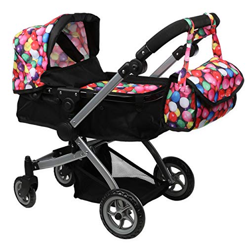Babyboo Deluxe Doll Pram Foldable Doll Stroller with Basket, Adjustable Handle, Convertible Seat, Swiveling Wheels and Free Carriage Bag, Gumball and Black - 9651B