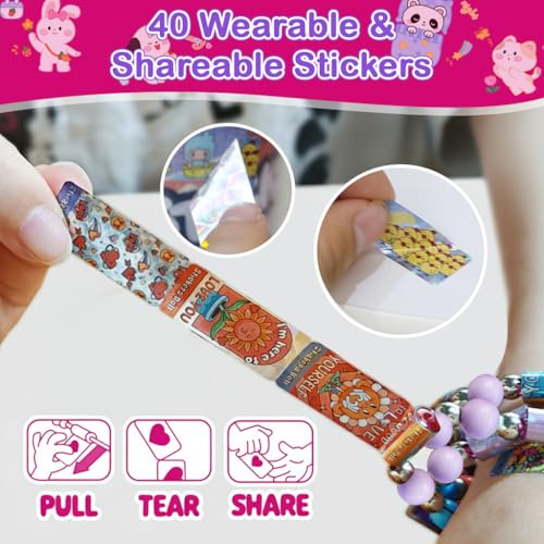 Image of PATPAT 40Pcs DIY Sticky Rolls Bracelet Kit, Fun Sticker Roll Bracelet for Girls Stylish with 40 Mini Stickers, Assorted Beads & Charms, Friendship Bracelet Making Set Birthday Gift for Kids