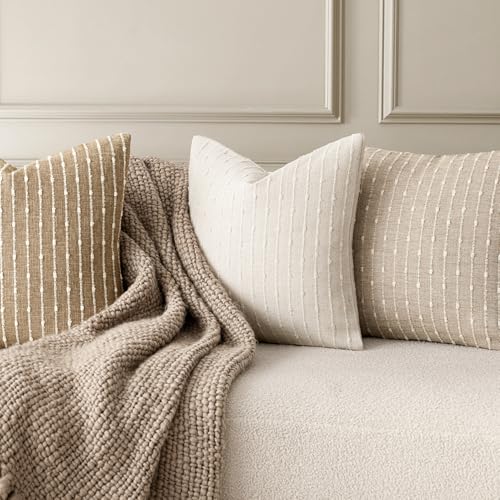 Image of Foindtower Pack of 2 Decorative Jacquard Boucle Throw Pillow Covers Accent Textured Striped Pillowcases Soft Boho Modern Cushion for Couch Sofa Bedroom Living Room Home Decor 22x22 Inch Cream White