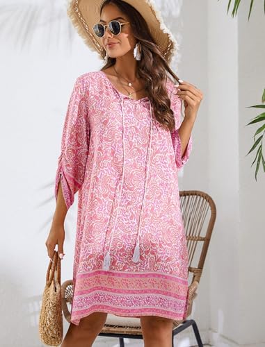 Image of Zeagoo Womens Boho Dresses Casual Beach Summer Dress Tassel Tie Neck 3 /4 Long Sleeve Mini Sundress 2025 Floral Print Cover Up