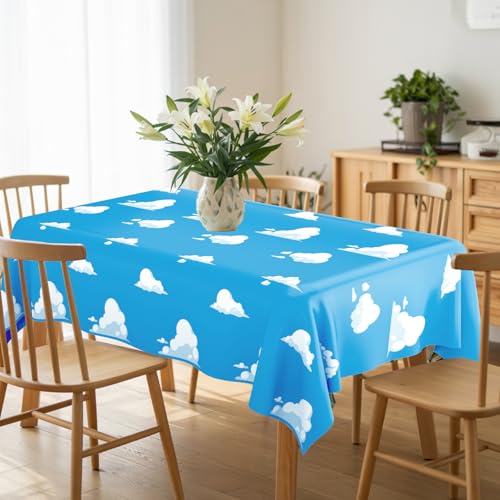 Image of 8 PCS Blue Sky and White Clouds Party Tablecloth, Cartoon Story Tablecloth, Disposable Plastic Rectangle Cartoon Table Cover for Boys Girls Baby Shower Picnic Birthday Party Decorations, 54x108 Inch