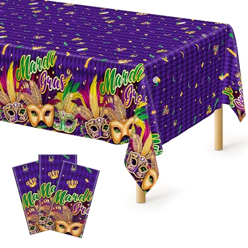 Image of 3 Pcs Mardi Gras Decorations, 54 X 108 Inches Rectangular Mardi Gras Tablecloth, Plastic Purple Table Cover With Masquerade Mask Design, Fat Tuesday Tablecover For Masquerade Party Picnic Dinner Decor