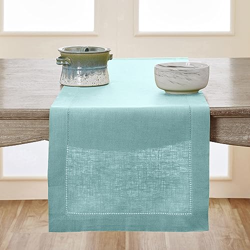 Solino Home Linen Aqua Blue Table Runner 60 Inches - Classic Hemstitch, 100% Pure Linen Coffee Table Runner 14 x 60 Inch Ideal for Dresser Tables - Summer