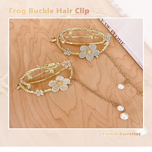 Hapdoo 2Pcs Sparkling Metal Flower Frog Buckle Hair Claw Clips With Tassel Pearl Rhinestones - Non-Slip Alligator Styling Accessories For Women And Girls With Thick Or Thin Hair - Perfect For Daily Wear, Parties, And Special Occasions #TOP6