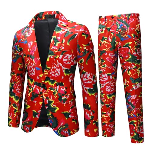 Cloudstyle Mens 2 Piece Floral Tuxedo Suit Printed Slim Fit 1 Button Prom Dress Jacket Pants Suit Set