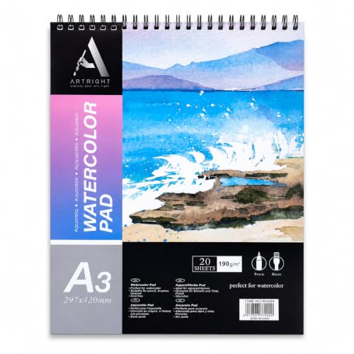 Image of ArtRight Artists' Watercolor Paper Pad A3 190 GSM - 20 Sheets of Handmade Rough Grain Water Colour Papers, Ideal for Artist, Professional Drawing, Painting Dry & Wet, Fine Art, School, Student, Watercolor
