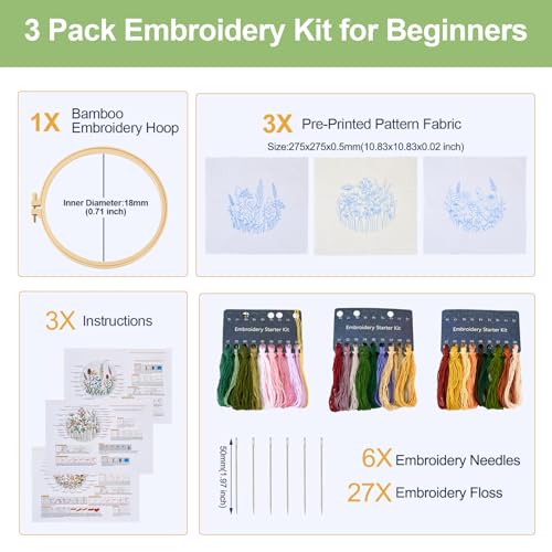 Image of Magibeads 3 Set Flower Leaf Water Soluble Embroidery Starter Kit - Cross Stitch Patterns - Crochet Kit with Embroidery Thread Fabric - Instruction - Knitting Kit for Adults - Sewing Gifts