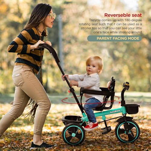 Image of Baybee Albine 3 in 1 Baby Tricycle for Kids | Smart Balanced Tricycles with 180 Reversable seat, Parental Handle, Safety Guardrail & Cushion seat | Kids Cycle for 2-5 Years Boy Girl (Green)