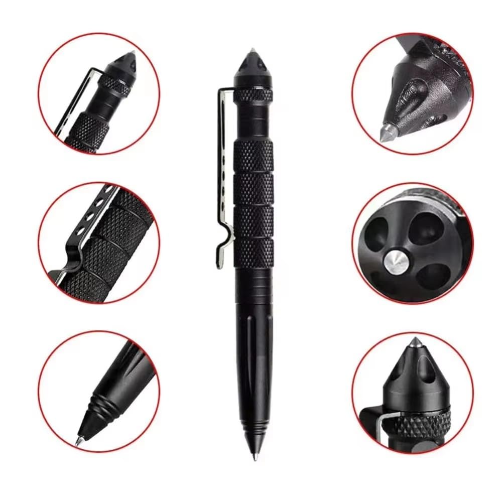 Lot de 2 stylos tactiques multifonctions avec tête en acier tungstène - Outil EDC - Cadeau pour homme (argenté + noir)