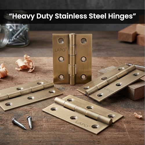Image of LAPO Stainless Steel Door Hinges, 3 Inch x 14 Gauge /1.5mm Thickness, Plain Joint Butt Hinges, Seamless Movement Performance, Strong Kabja for Window Doors, 5 Years Warranty, Antique Finish, Pack of 3