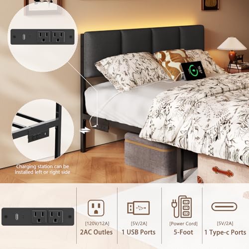 Image of Furnulem Full Size Bed Frame with Headboard, Upholstered Full Bed Frame with LED Light, USB Charging Station, Platform Bedframe with 2 Fabric Underbed Storage Drawers, No Spring Box Needed