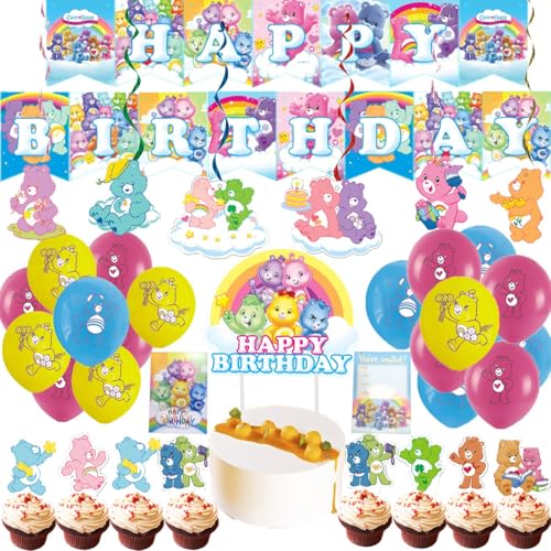 52pcs Bears Party Decorations Pack - Birthday Occasion Pink Purple Green Blue - Includes Happy Birthday Banner Cake Topper Cupcake Toppers Hanging Swirl Balloons