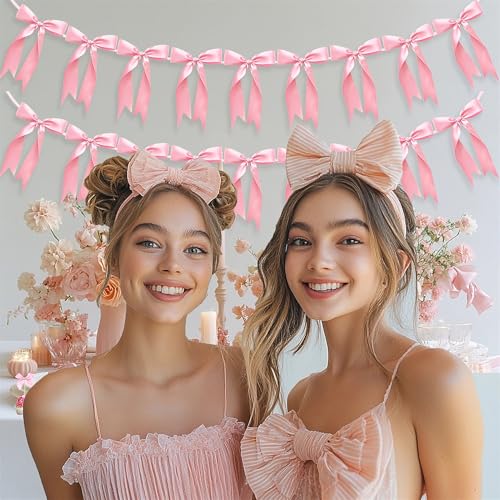 Image of 2pcs Bow Garland Banner Ribbon Bow Party Decorations for Baby Shower Decor Tying The Knot Girls Bow Coquette Birthday Party Decoration (Pink)