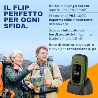 SAIET LINK 4 PRO Telefono Flip Verde-Nero, IP68 Impermeabile con Doppio Display, Audio Potenziato e Tasti Grandi - Cellulare con Whatsapp con Batteria a Lunga Durata, Antiurto e Antipolvere