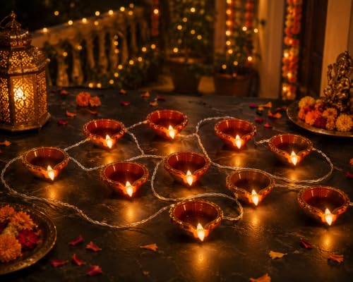 Image of MoonlitDreams Electric Diya Lights, 10 LED Traditional Diya String Light for Diwali Decoration, Home Decor, Mandir & Pooja, Festive Decorative Lighting, Brown