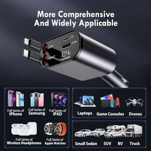 Image of 120W Fast Car Charger (2025 New Model) | Retractable 80CM Type-C Cable | 4-Port Universal Car Adapter for Smartphones & Tablets | Quick Charge Multi-Device Car Charger