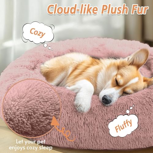 Image of JOLLYVOGUE Calming Dog Bed Medium Size Dog, 31in Donut Washable Medium Pet Bed, Anti-Slip & Anti-Anxiety Fluffy Faux Fur Round Dogs Bed, Fits up to 45 lbs Pets (Dark Pink)