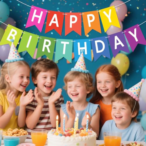 Image of Happy Birthday Banner Sign, Birthday Garland Wall Door Hanging Banners Flag for Women Men Boys Girls Party Backdrop Decorations, Personalized Name Banner White Letters Colorful