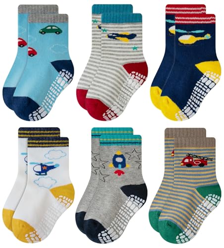 RATIVE Non Skid Anti Slip Slipper Cotton Crew Socks With Grips for Baby Toddlers Kids Boys (6-12 Months, 6-pairs/RB-711)