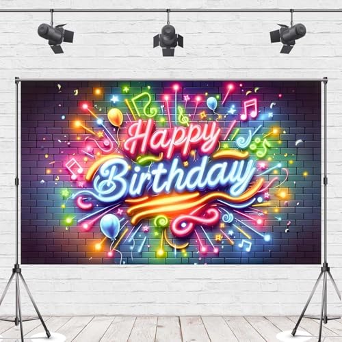 10X6.5FT Neon Happy Birthday Banner Backdrop Party Decorations Birthday Photo Backdrop Glow in The Dark Birthday Party Banner Music Sign Fireworks Brick Wall Photo Background Props ZHTAOYH ZH071 - image 2