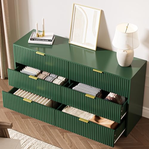 Image of MAISONARIA Green 6 Drawer Dresser for Bedroom, 55 inch Wide Modern Chest of Drawers with Gold Metal Handles, Fluted Wood TV Stand for Living Room, Hallway