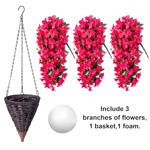 Image of INSPRING Artificial Bougainvillea Faux Flowers Plants Baskets for Outdoor Outside Decoration, 3PCS Fake Silk Flowers Long Trailing Vines UV Resistant Realistic for Front Door Porch Patio (Hotpink)