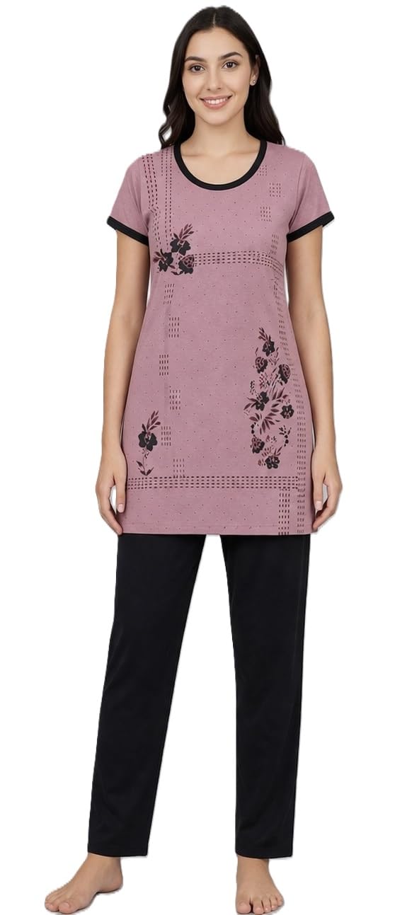 Women's Printed Round Neck Short Sleeve Nightsuit Set | Pajama Set | Casual Night Dress with Pocket-image-38