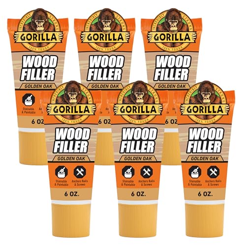 Gorilla All Purpose Wood Filler, Golden Oak Color, 6 Ounce Tube (Pack of 6) - Water Resistant for Indoor or Outdoor Projects and Repairs