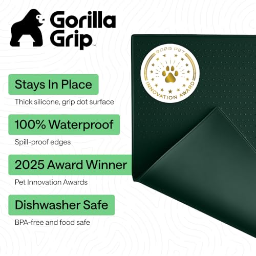 Image of GORILLA GRIP 100% Waterproof Raised Edge BPA Free Silicone Pet Feeding Mat, Dog Cat Food Mats Contain Spills Protects Floors, Placemats for Cats and Dogs Water Bowl, Pets Accessories 16x10, Green