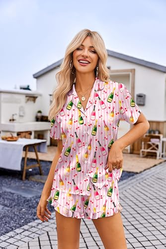 Image of Ekouaer Womens Satin Pajamas Set Button Down 2 Piece Silk Pjs Shorts Set Ruffle Lingerie Notch Collar Sleepwear