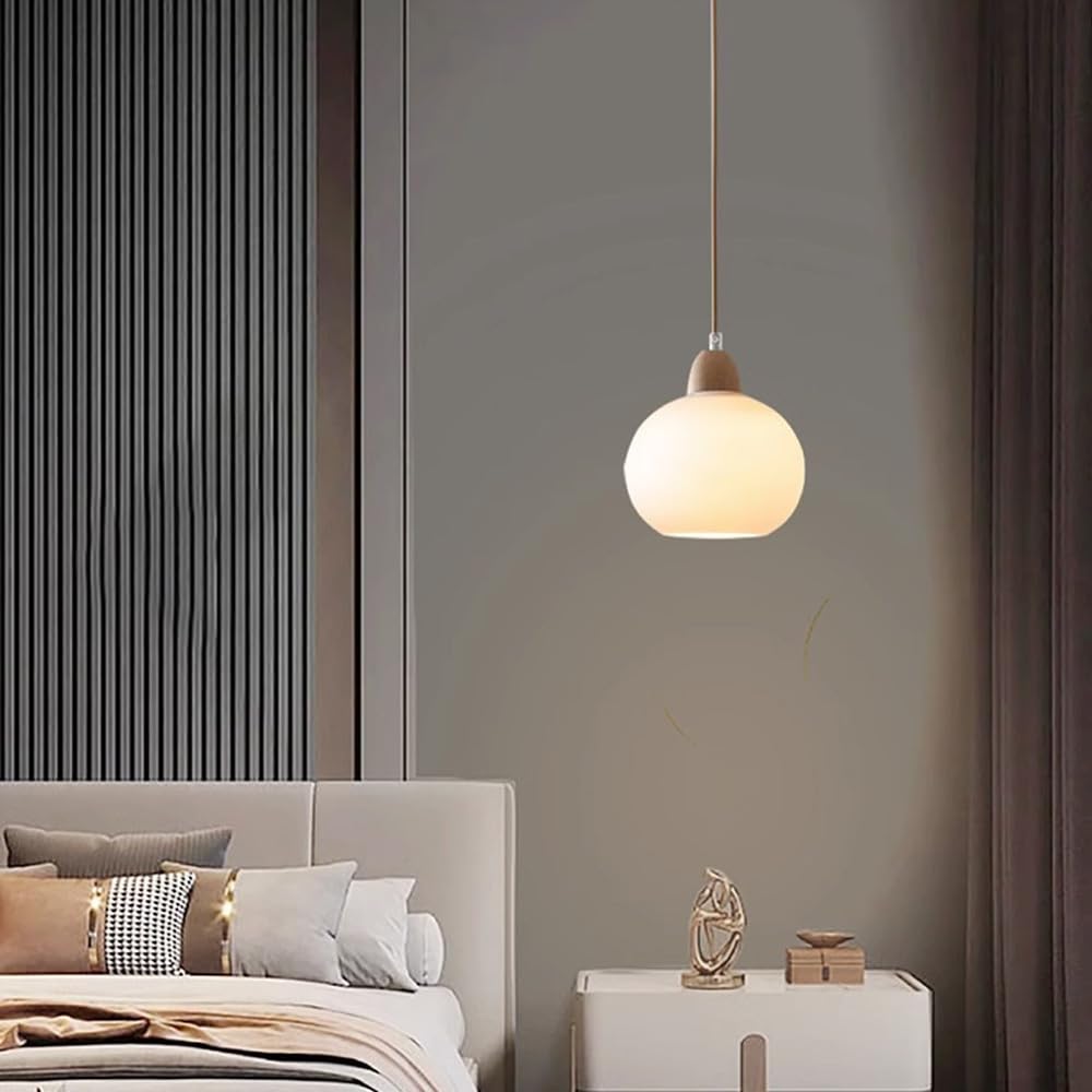 Nowoczesna lampa wisząca ze szkła opalowego w stylu nordyckim - mała lampa ścienna na wyspę kuchenną, jadalnię, sypialnię - elegancka drewniana oprawa sufitowa