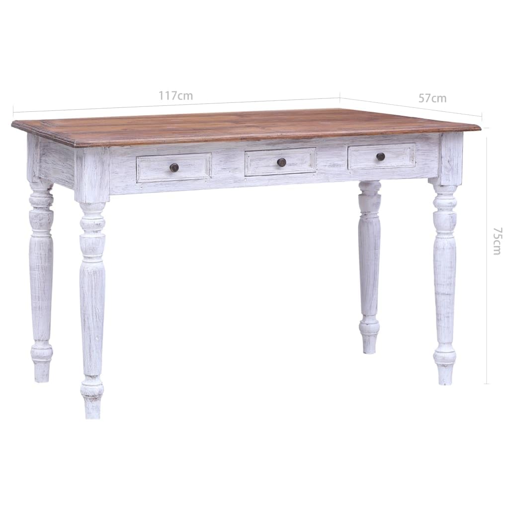 Scrivania bianca con 3 cassetti, in legno massiccio riciclato, 117 x 57 x 75 cm, postazione di lavoro per casa e ufficio, scrivania per computer, tavolo per laptop, archiviazione per documenti