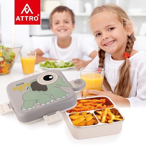 Image of ATTRO Carnival Super Elephant Lunch Box 2 Layer Stainless Steel Lunch Box Comes with 1 Detachable Tray, 1 Small Container & 1 Spoon Ideal for Kids BPA Free 1120ml+70ml- Grey